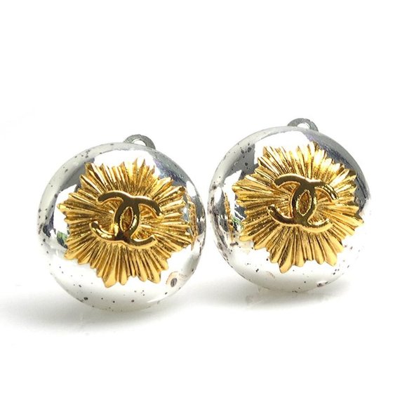 CHANEL Coco Mark Metal Earrings Silver/Gold Women's e58498a - Picture 1 of 5